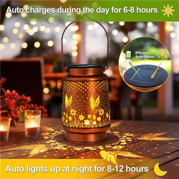 Hummingbird Solar Lantern Outdoor Hanging, Metal Bird Decor Waterproof LED Decor - Picture 3 of 7